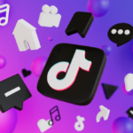 3d icons of TikTok, message, camera, arrow, and heart hang in the air on purple background with bubbles behind