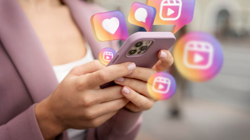 woman in a pink coat holds a phone with icons of Instagram above it