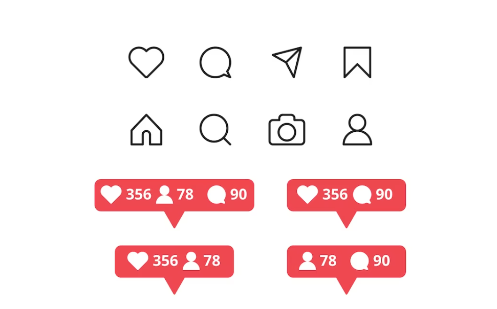 Flat instagram icons and notifications set of likes, followers, and messages