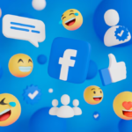 3d Facebook sign, message, and smiling emojis on a blue background