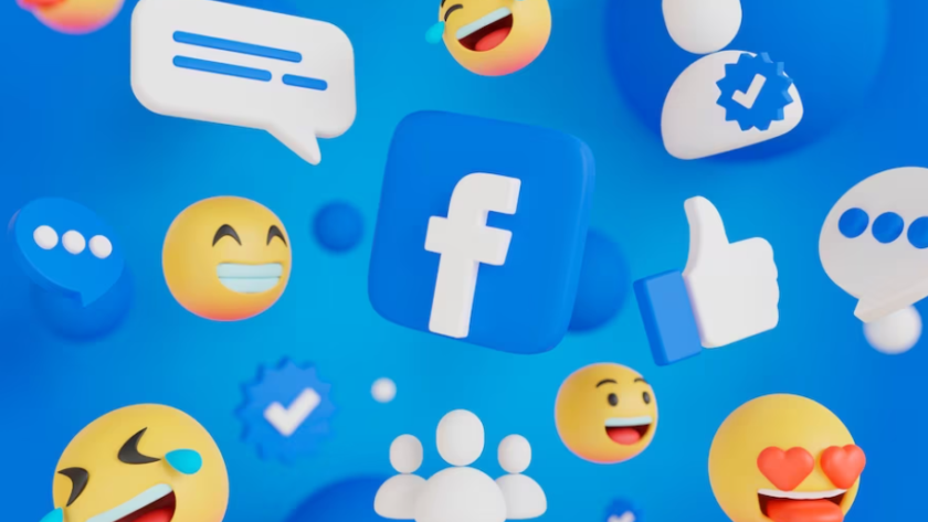 3d Facebook sign, message, and smiling emojis on a blue background