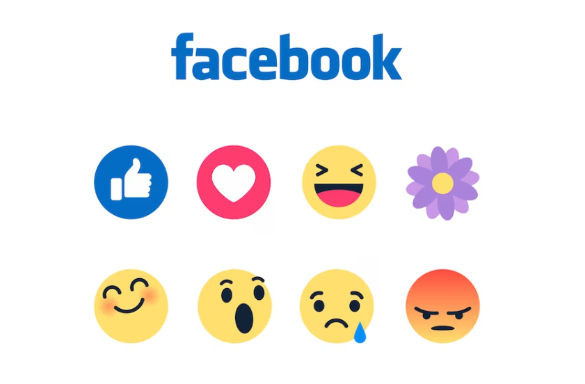 Alt: Facebook word and smiling, crying, angry, and flower emojis below it