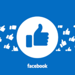 Facebook sign in white circle and word Facebook on plain blue fond