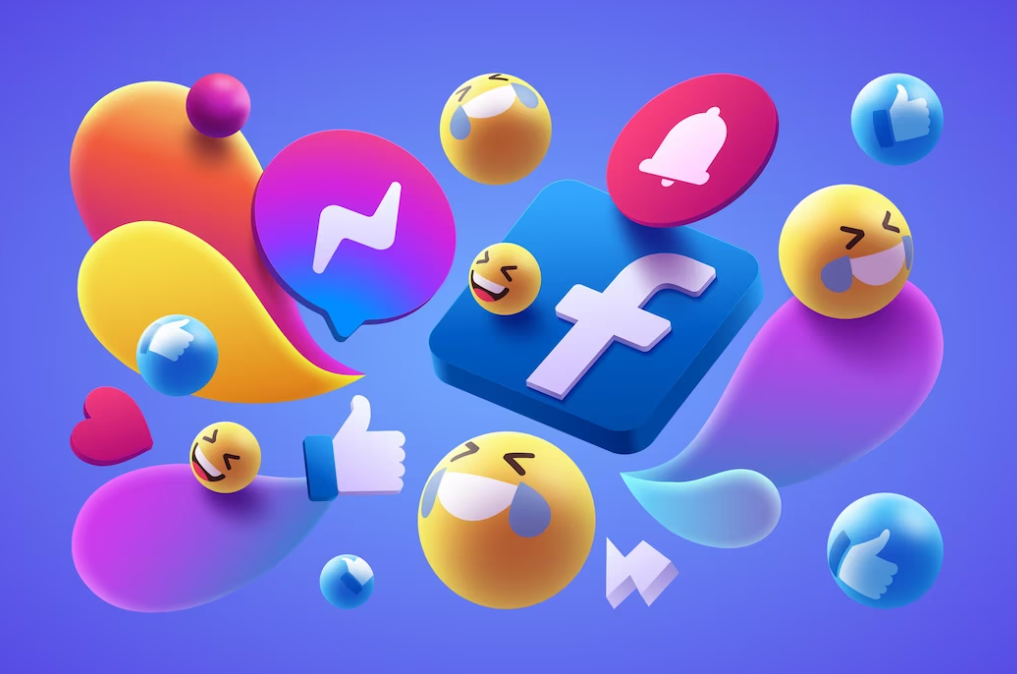 3d Facebook sign, message, and smiling emojis on a blue background