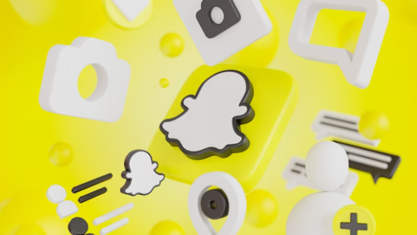 3d Snapchat icon, photo, message, location on yellow fond with bubbles behind3d Snapchat icon, photo, message, location on yellow fond with bubbles behind