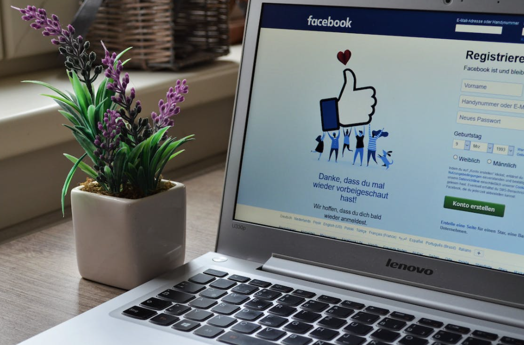 a vase with purple flower and opened laptop with Facebook on it on the wooden table