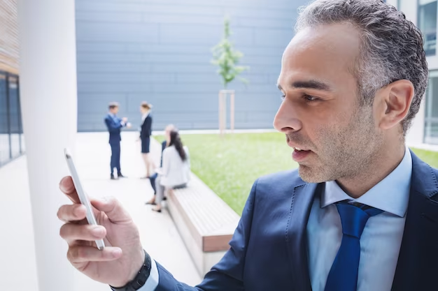 A man in a suit holds a phone in his hands