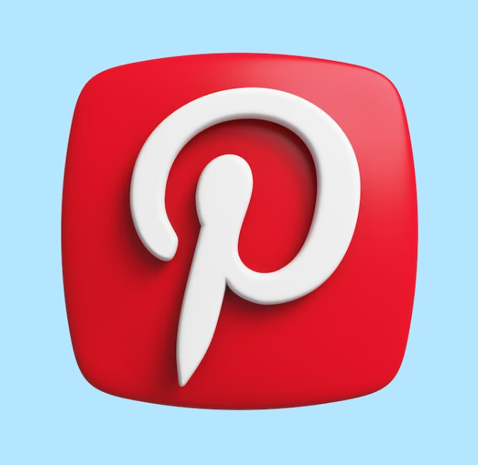 a 3d Pinterest white logo in red square on blue background