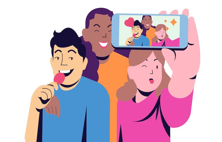 Illustration of Group of People Taking Selfie